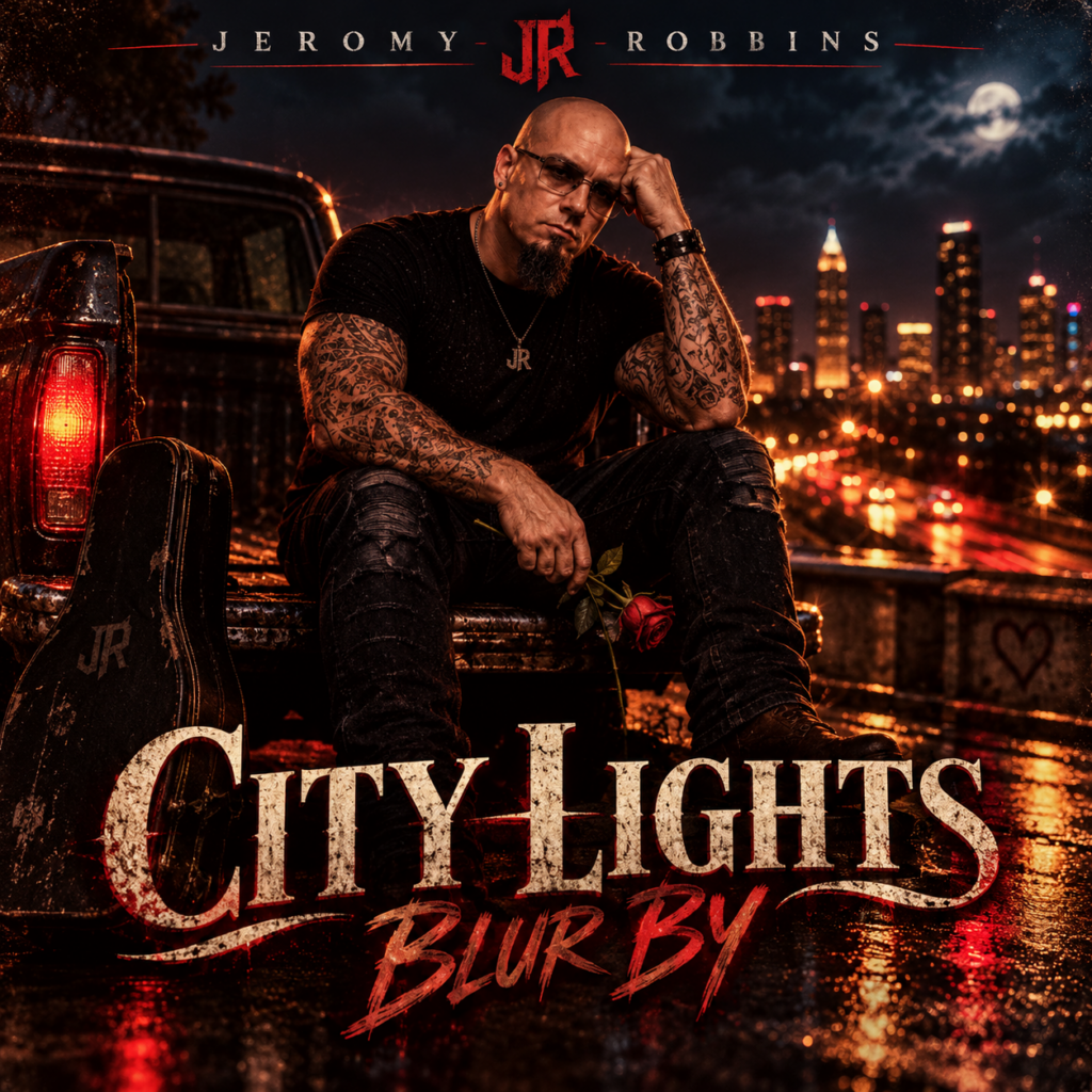 City lights blur by