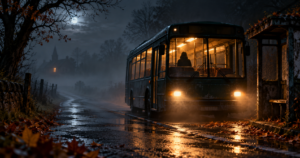 A lonely bus waits at a foggy rural stop under the moon.
