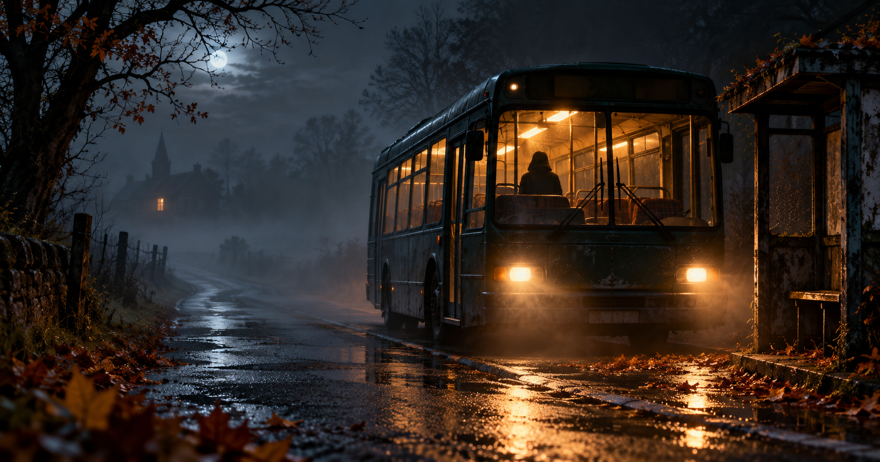 A lonely bus waits at a foggy rural stop under the moon.