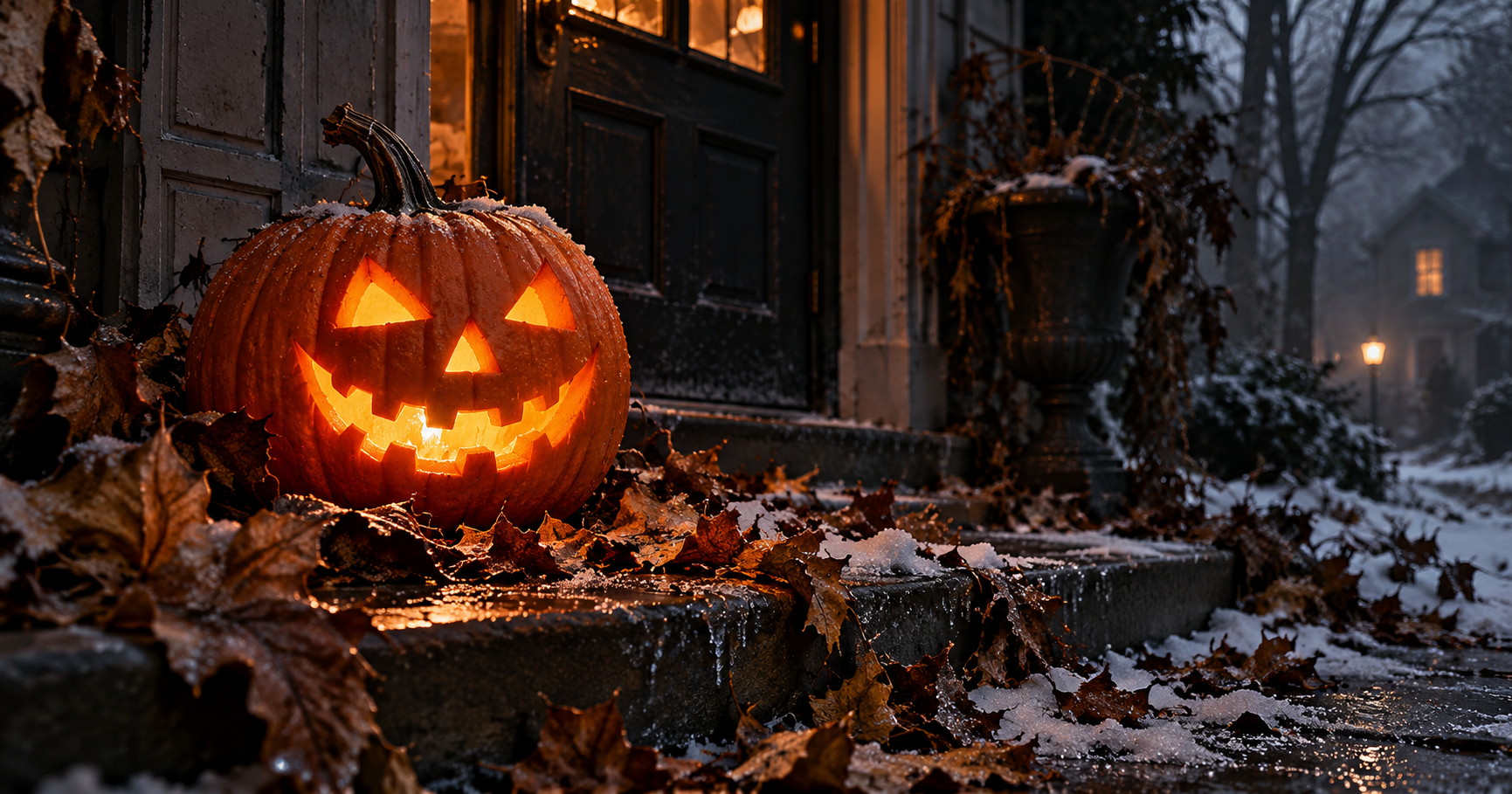 A glowing jack-o-lantern sits on icy steps among wet autumn leaves and early snow.