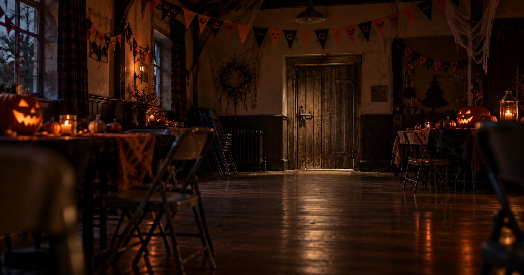 A dimly lit village hall decorated for Halloween with a heavy closed wooden door at the far end.
