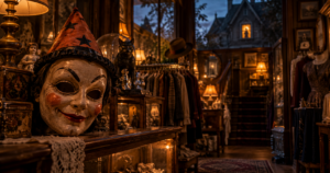 A vintage Halloween mask rests on a counter inside a warm, eerie charity shop filled with old objects.