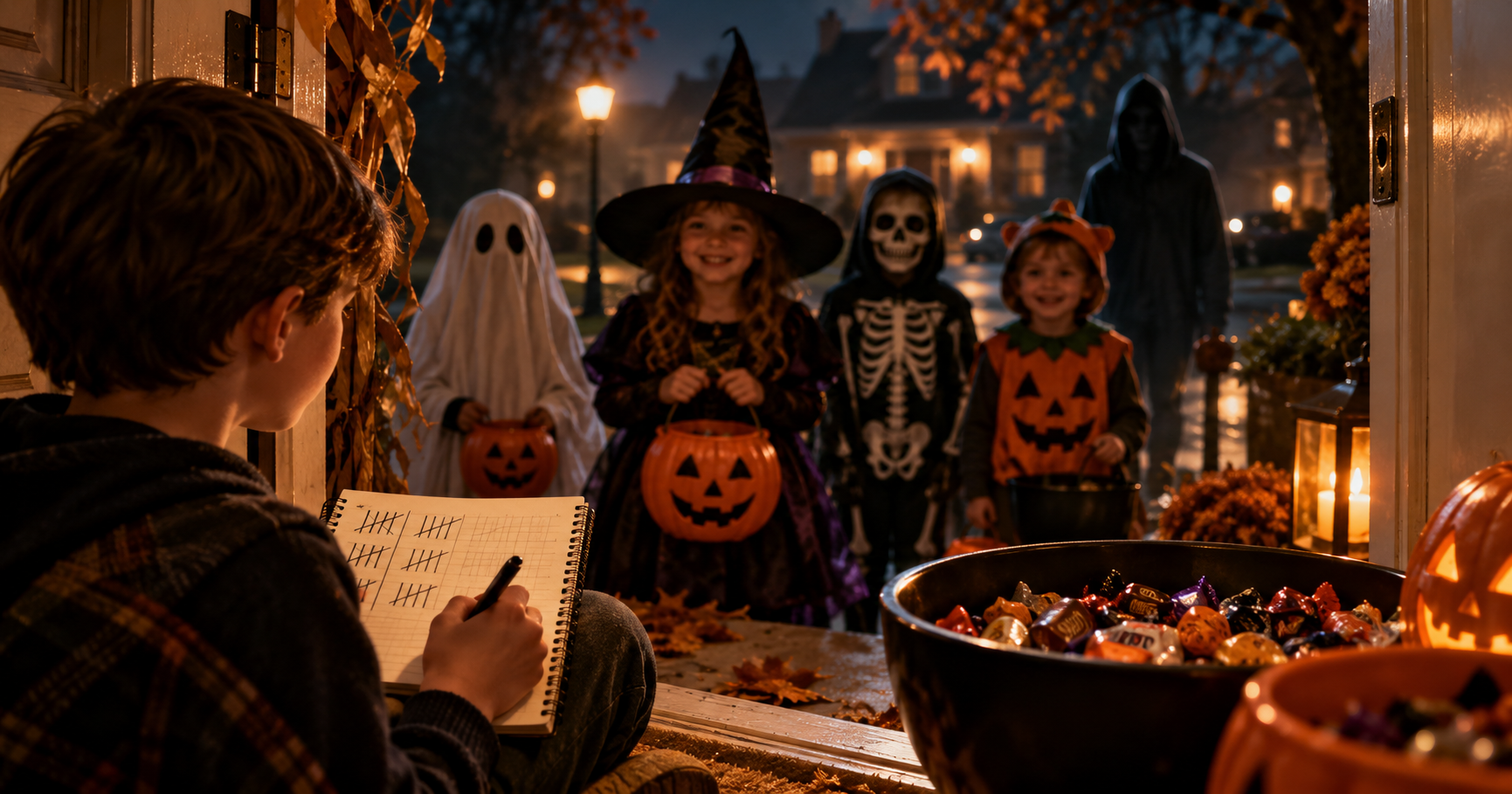 A boy sits in a doorway tallying trick-or-treaters while costumed children wait outside on Halloween night.