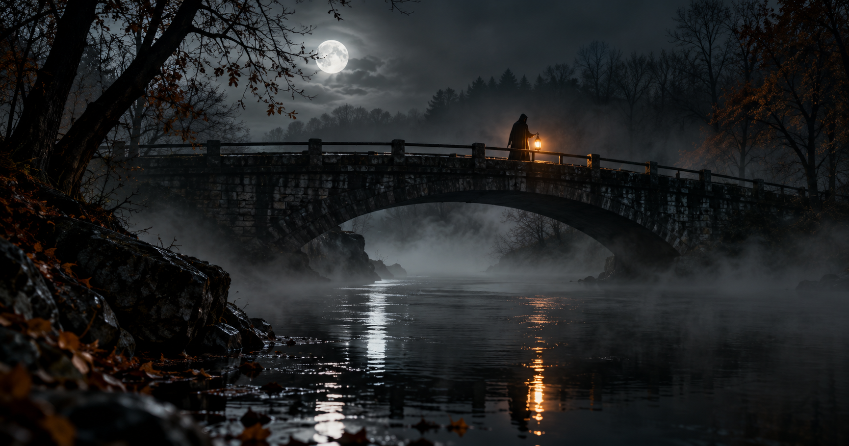 A hooded figure carrying a lantern crosses a stone bridge over dark misty water under a full moon.