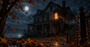 A weathered house glows from one upstairs window while musical notes drift into the autumn night.