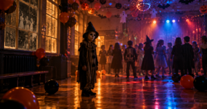 A strange masked child stands motionless at a Halloween school disco while other children dance in the background.