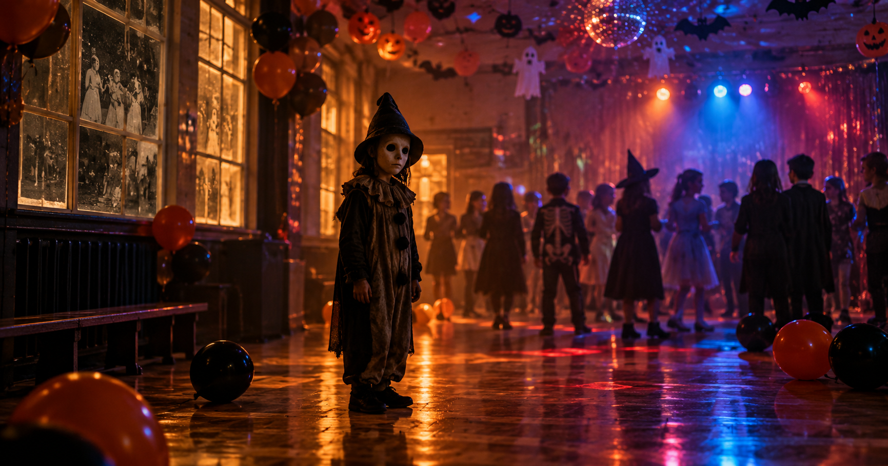A strange masked child stands motionless at a Halloween school disco while other children dance in the background.