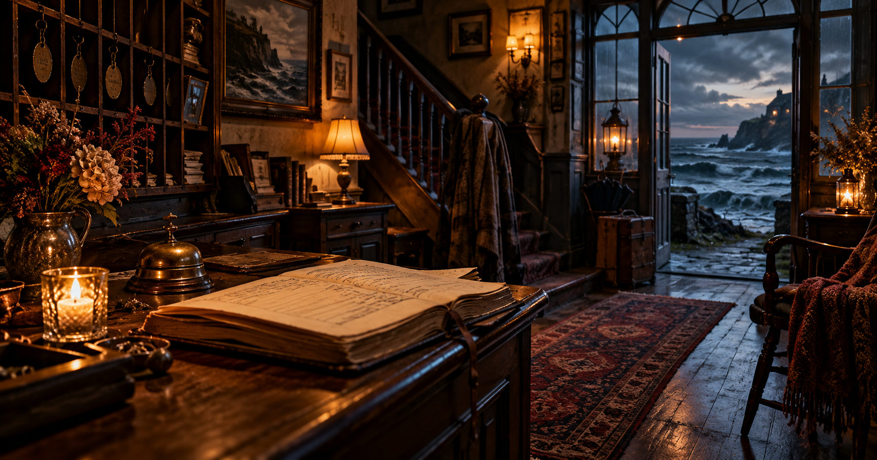 An old guesthouse reception desk with an open guestbook looks out toward a stormy seaside evening.